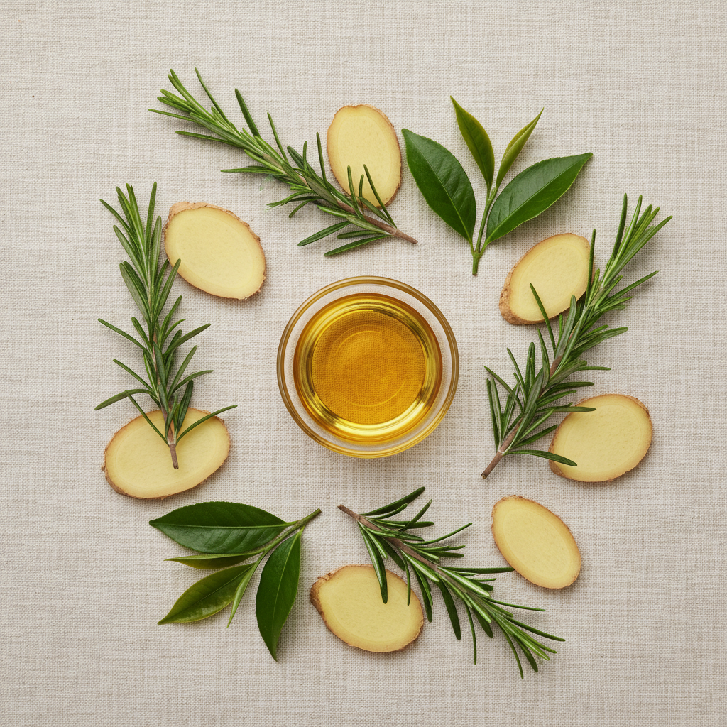 Ingrediensbild – rosmarin, ingefära, tea tree