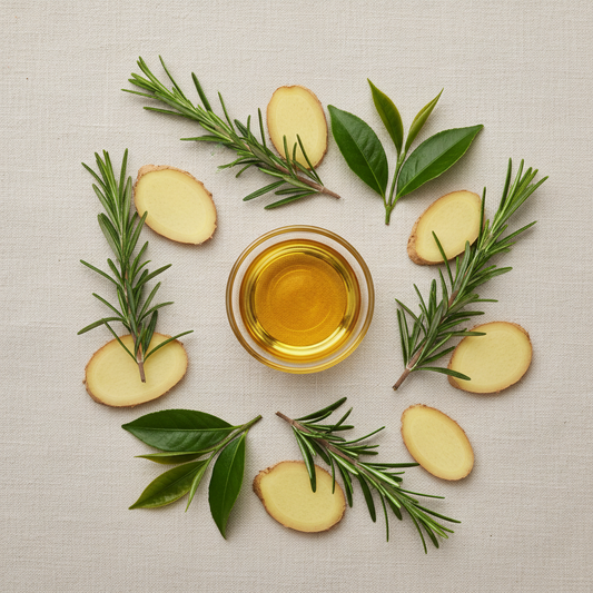 Ingrediensbild – rosmarin, ingefära, tea tree